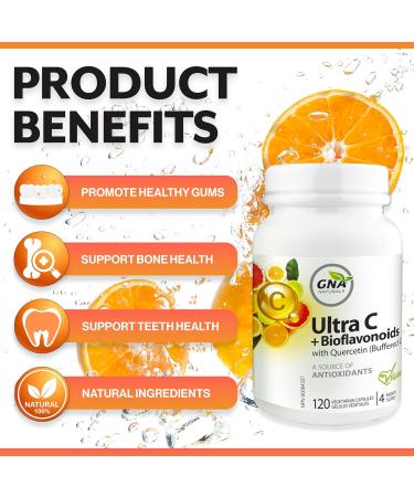 GNA Naturals Ultra Vitamin C 600mg + Bioflavonoids with Quercetin Dihydrate - Vitamin C Ascorbate Acid 120 V-Caps 4 Month Supply - Promotes Healthy Bones Gums & Teeth - Vitamin C Complex Supplement - Buy Online on SooperMarket.com