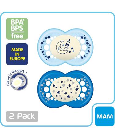 Mam Night Glow in the Dark Silicone Pacifier for Boys 6+ Months - 2-Pack | Mam Baby Products - International Shipping Available - Buy Online on SooperMarket.com