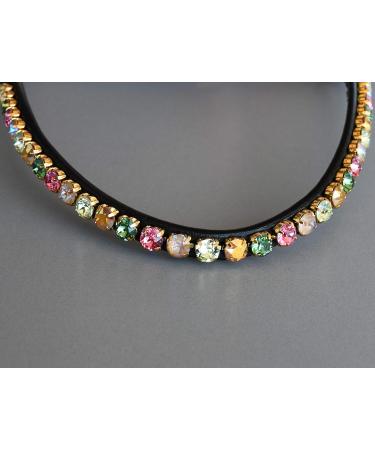 Colorful Horses Forehead Straps 'Paradise' - Pink Green & Gold Curved KB Leather in Dark Brown | Shop Internationally - Buy Online on SooperMarket.com