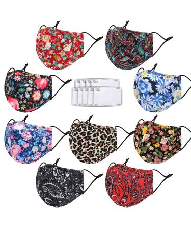 Cloth Face Maks Washable Reusable for Women Men Build-in Nose Wire&Filter Pocket with 9 Filters Adjustable Breathable 3 Layers Cotton Cup Dust Safety Protection Fabric with Designer Printed(9 Pcs) A Multicolored