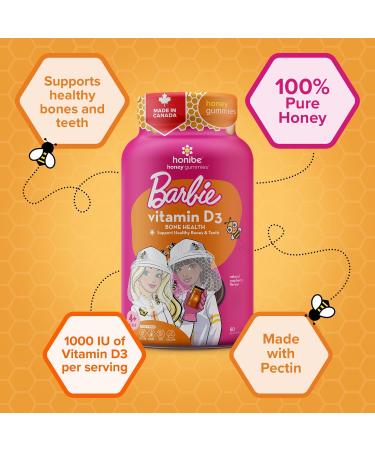 Honibe Vitamin D Gummies for Kids and Adults Barbie Honey-Based Vitamins Made in Canada Vitamin D3 Helps Support Bone Health Mood and Immune System Functions 60 gummies - Buy Online on SooperMarket.com