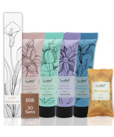 TravelWell Travel Size Toiletries Bulk Set - AirBnB Essentials for Guests - 180 Items (30 pieces each of Mini Shampoo Conditioner Soap Bars Lotion Body Wash Dental Kit)