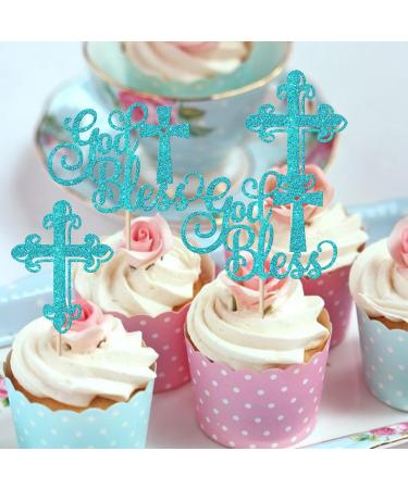 Rsstarxi 24 Pack God Bless and Baptism Cupcake Toppers Glitter Cross God Bless Cupcake Picks Decorations for Babyshower Christian First Communion Baptism Party Cake Decorations Blue - Buy Online on SooperMarket.com