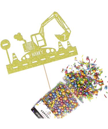 Cakeshop Cake Decoration Pack | Construction Digger Premium Double Sided Glitter Card Cake Topper & 25g Party Pack of Cake Sugar Sprinkles | Custom Name & Age Cake Decorations (Champagne) Prime Glitter Card: Champagne