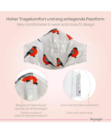 Dance Pattern Washable Cotton Face Mask for Kids & Adults - 2-Layer with Nose Bracket & Filter Bag - Oeko-Tex Standard 100 - Gray Red Birds - International Shipping Available - Buy Online on SooperMarket.com