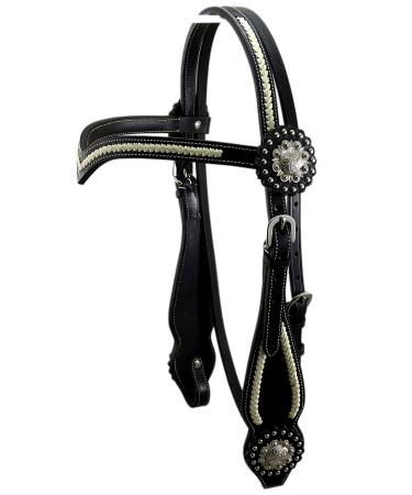 Thor Equine Headstall Miles Western Bridle with Rawhide and Concha V-Shaped Black Black Cob