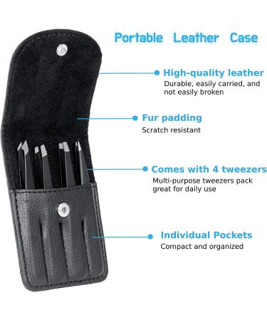 Rikans Precision Tweezers Set - Pack of 4 Black Professional Tweezers - Stainless Steel for Splinters, Eyebrows, Facial Hair, Blackheads - Includes Handy Carry Pouch - Buy Online on SooperMarket.com