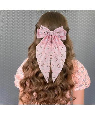 Andibro Pink French Bow Hair Clip Flower Pattern Ribbon Bow Hairpins Long Tail Big Bow Barrettes Soft Silky Satin Hairclips 90's Aesthetic Hair Accessories Decor with Metal Clip for Women - Buy Online on SooperMarket.com
