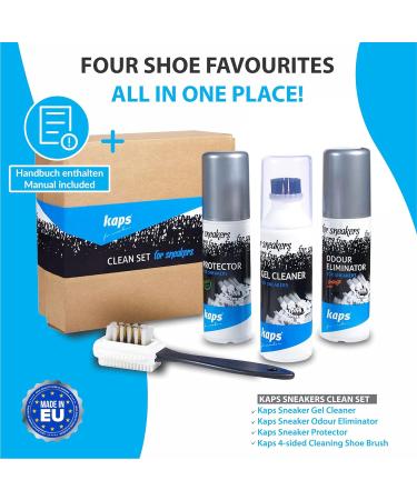 Kaps 4 Sneakers Shoe Care Cleaning Kit - Sneakers Gel Cleaner Water Repellent Protector Spray Odour Eliminator 100 ml Nubuck and Suede Brush Suitable for Trainer Suede Leather and Nubuck Shoes - Buy Online on SooperMarket.com