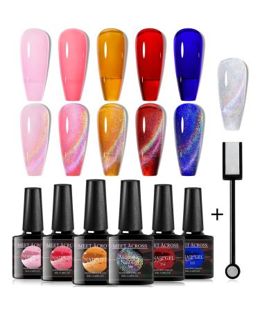 MEET ACROSS Rainbow Cat Eye Gel Nail Polish and 5 Colors Jelly Gel Polish Soak Off UV LED Light Nail Kit Gift Box with Free Magnet Stick