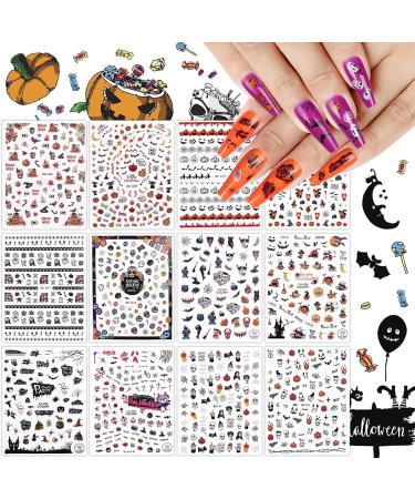 Kalolary Halloween Nail Art Stickers Decals 12 Sheets Self-Adhesive DIY Nail Art Strips Various Patterns Pumpkin Bat Ghost Skull Skeleton Nail Decoration for Girls Women Halloween Party