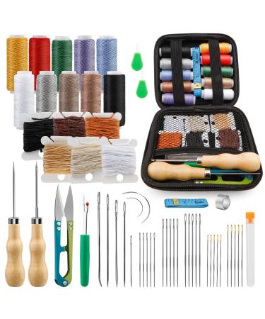 Tikjiua 59 Pcs Leather Sewing Kit Leather Needles for Hand Sewing Heavy Duty Sewing Upholstery Repair Kit Waxed Thread Large-Eye Stitching Needles for Carseat Backpack Carpet Boots Shoes Canvas Sofa