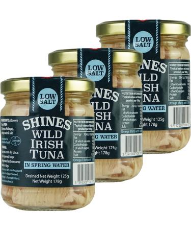 Wild Irish Albacore Tuna in Water - 3 x 185g Glass Jar - Low Carb - Ideal for Keto Diet - LCHF - Dolphin Friendly - Hand Filleted - No Gluten - High in Omega 3 - Low in Salt - by Shines
