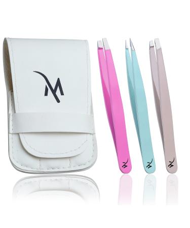 Tweezers Set 3-pcs Professional Tweezers Great Precision for Eyebrow Hair Facial Hair Ingrown Hair Remover (Multicolor) 3 Piece