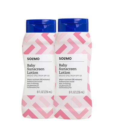 Amazon Brand - Solimo Baby Sunscreen SPF 50, Reef Friendly (Octinoxate & Oxybenzone Free), 8 Fluid Ounce (Pack of 2) ReefFriendly 2 Pack
