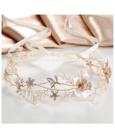 SWEETV Gold Wedding Headband  Pearl Flower Bridal Headpieces for Wedding  Crystal Hair Accessories for Women Girls Hair Vine