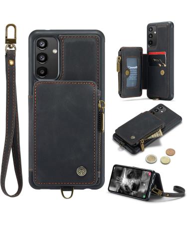 Soonic leather cover for Samsung Galaxy A54 5G magnetic item of pockets for cards and cash zipper folding cover with straps stands with coin compartment protective cover (A54 black) A54 black