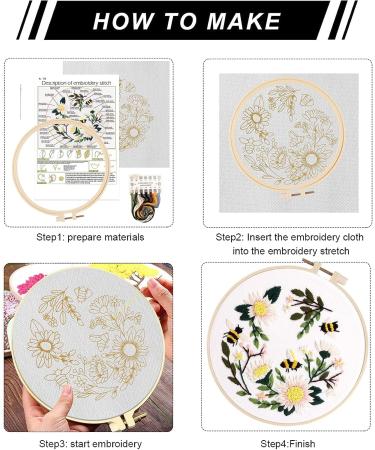 Lukinbox Embroidery Starter Kit for Beginners - 3 Cross Stitch Sets with Cute Bees and Flowers Patterns, Hoop, Threads, Needles & Instructions - Buy Online on SooperMarket.com