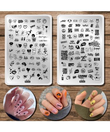 Nail Stamping Plates Heart Letter Nail Stamping Kit 2 Pcs Lips Graffiti Animals Patterns Design Nail Stamp Plate 14.5 * 9.5cm Stainless Steel Nail Art Templates DIY Nail Tools Nail Stamping D33-D34