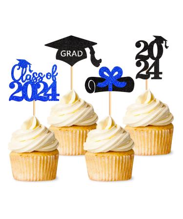 Ercadio 48 Pack 2023 Graduation Cupcake Toppers Black Blue Glitter Grad Cap Diploma Class of 2023 Cupcake Picks for 2023 Graduation Theme Party Cake Decorations Supplies B-grad Blue