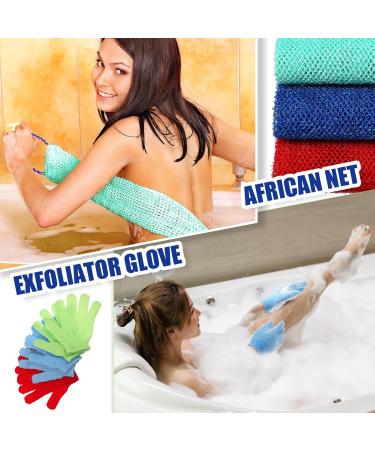 Newwiee 6 Pack Exfoliating Shower Bath Gloves and Body Scrubber Set - 3 Pairs Exfoliating Gloves and 3 Pcs African Bath Sponge for Daily Shower (Red Blue Green) - Buy Online on SooperMarket.com