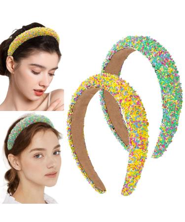 2 Pack Fashion Headbands for Women Non Slip Green Wide Headbands Rhinestone Hairband Sparkly Padded Headband Cute Hair Hoops Head Wrap Hair Accessories diademas para mujer de moda for Wedding Party Yellow Green