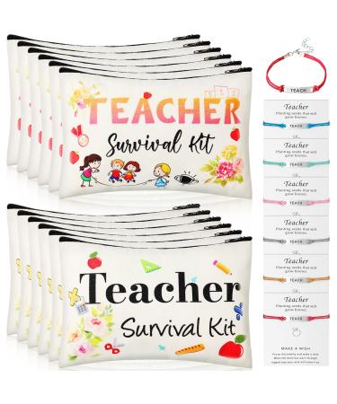 24 Pieces Teacher Appreciation Present Set, 12 Teacher Survival Kit Bag Makeup Pouch Bag, 12 Teacher Blessing Card Bracelet, Teacher Cosmetic Bag Kit for Teacher's Day (Cute Style, 7.9 x 5.3 Inch) Cute Style 7.9 x 5.3 Inch