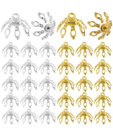 ANCIRS 100 Pack Flower Bead Caps Toppers for Jewelry Findings 7 Prong Bell Bead Cap Bail End with Loops for DIY Craft Earrings Bracelets Necklaces Ornament Pendant- Gold & Silver