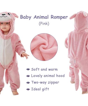 COOKY.D Baby Hooded Rompers | Winter Flannel Jumpsuit Pajamas | 6-12 Months | Pink - Buy Online on SooperMarket.com