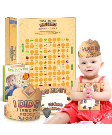 Cradle Plus 100 foods before 1 scratch off poster | w/baby led weaning book, crown and certificate | Baby food idea list and tracker for babies 6 months and up| Baby led weaning cookbook YELLOW