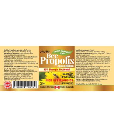 Herba Bee Propolis Throat Spray 30ml - No Alcohol | Helps Relieve Sore Throats and Mouth Infections | Rich in Flavonoids | 100% Natural - Premium Grade | Made in Canada | Alcohol Free Spray - Buy Online on SooperMarket.com