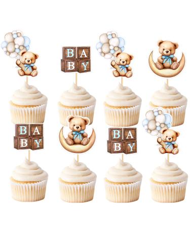 Cyodoos 36 PCS Baby Shower Bear Cupcake Toppers Selection Baby Bear Theme Baby Shower Decorative Supplies Jungle Animal Theme Baby Shower Birthday Party Cake Decorative Supplies blue Blue1