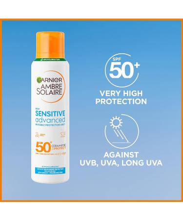Garnier Ambre Solaire SPF 50+ Sensitive Advanced Dry Mist Sun Cream Spray Water Resistant & Non Greasy Sunscreen Fragrance Free UVA & UVB Protection Approved by Cruelty Free International 150ml 150 ml (Pack of 2) - Buy Online on SooperMarket.com