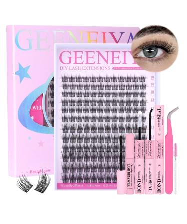 Geeneiya Wispy Lashes Clusters Kit Natural Lash Extension Kit 10-16mm Cluster Eyelash Extensions C Curl Individual Eyelashes With Waterproof Lash Bond and Seal Remover Tweezers Brush(0.05mm GJ05) GJ11-KIT