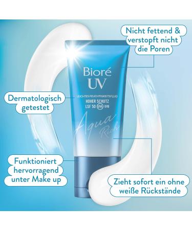 BIORE Aqua Rich UV - SPF 50 Light Moisture Fluid for Face - Non-Greasy UVA/UVB Sun Protection Ideal Under Makeup - 50ml - Buy Online on SooperMarket.com