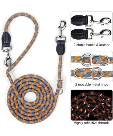 Adjustable 2.6m Dog Leash - Reflective Nylon for Walking Running & Training - Orange & Gray | Multifuntional with Double Linen & Movable Metal Rings - Buy Online on SooperMarket.com