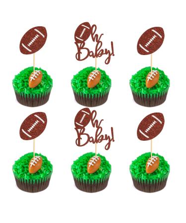 Arthsdite 24Pcs Rugby Ball Oh Baby Cupcake Toppers American Football Cupcake Picks Baby Shower Oh Baby Cake Decorations for Baby Shower Rugby Sports Theme Kids Birthday Party Supplies - Brown Football Oh Baby Cupcake Toppers