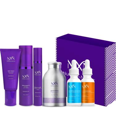 NXN Skin Care System Complete Anti Aging Kit Daily Moisturizer With Vitamin C & Hyaluronic Acid Serums Face Moisturizer Gentle Cleanser Powder Exfoliator Face Mask - Hydrate & Reduce Wrinkles Purple 6 Piece set
