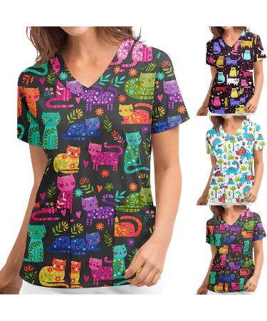 Cat Flower Print V Neck Scrub Top - XX-Large - Black | Nurse Uniform with Pockets - Buy Online on SooperMarket.com