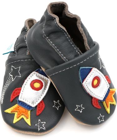 Dotty Fish Soft Leather Baby Shoes | Toddler Boys Non-Slip Suede Soles | Space Rocket Design | 0-6 Months to 4-5 Years - Buy Online on SooperMarket.com