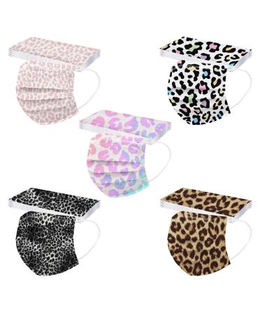 50 Pack Cheetah Disposable Face_masks with Designs for Women Colorful Leopard Paper Face_mask Breathable 3 Ply Sexy Filter Face Protective Dustproof Anti-droplets Face Bandanas for Adults Men , Mixed
