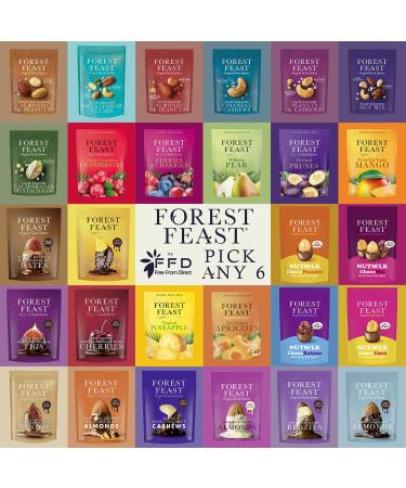 Forest Feast Pick Any 6 from 28 Varieties - Including Dried Mango Chocolate Brazil Nuts and Chocolate Almonds. Handcrafted Artisan Luxury Snacks.