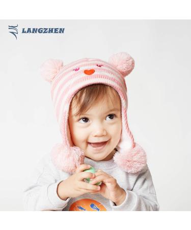 LANGZHEN Toddler Kids Winter Hat Earflap Knit Cap for Boys Girls 2-4 Years - Pink Stripe Polar Bear Design - Buy Online on SooperMarket.com