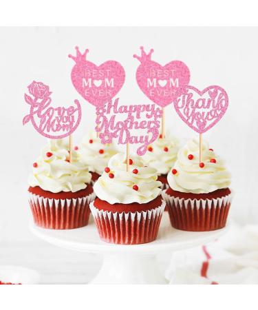 Cyodoos 24 Pcs Happy Mothers Day Cupcake Toppers Glitter Cake Toppers Cupcake Heart Mother Happy Birthday Party Supplies Decorations Pink - Buy Online on SooperMarket.com