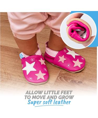 Soft Sole Baby Shoes for Girls and Boys | Leather Toddler Walking Shoes | 0-6 Months | Pink Stars - Buy Online on SooperMarket.com