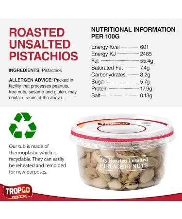 Tropgo Roasted Unsalted Pistachios 180g - Pistachio Nuts in Resealable and Recyclable Tub - Wholesome Trail Mix with Fibre Protein and Essential Minerals - Healthy Snacks for All Ages - Buy Online on SooperMarket.com