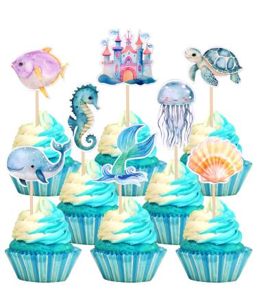 32 Pack Mermaid Cupcake Toppers Under The Sea Octopus Starfish Mermaid Tail Cupcake Picks Jellyfish Seahorse Coral Cupcake Decorations for Baby Shower Under The Sea Party Birthday Cake Decorations