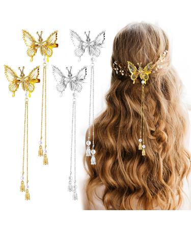 WLLHYF 4Pcs Silver Butterfly Hair Clips with Tassel - Elegant Hair Barrettes for Women, Perfect for Bride Wedding - Head Pieces Hair Accessories - Buy Online on SooperMarket.com