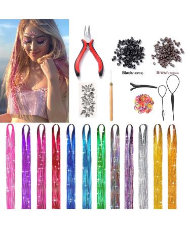 Hair Tinsel Kit (48 Inch 12 Colors 3000 strands) Fairy Tinsel Hair Extensions with Tools - Glitter Hair Tinsel Kit Heat Resistant Accessories for Girls Women Kids Christmas New Year Multi 12 colors