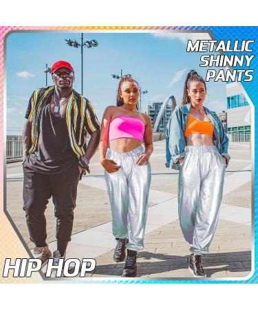 Women's Metallic Shiny Hip Hop Pants - 70s Disco Punk Trousers for Carnival, Halloween, Rave Dance Party - Silver - Buy Online on SooperMarket.com